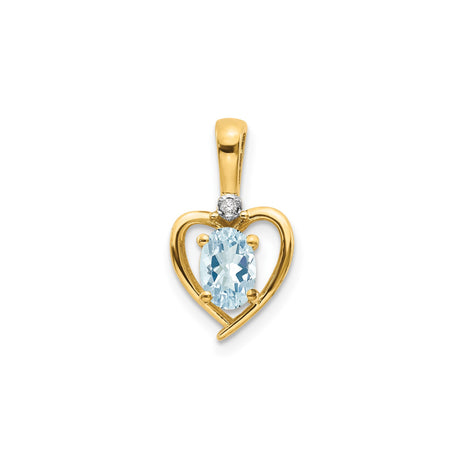 10k Yellow Gold Heart Pendant with Oval Aquamarine and Diamond Accent for Women