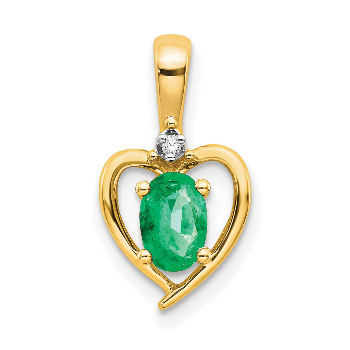 10k Yellow Gold Heart Pendant with Oval Green Emerald and Diamond Accent