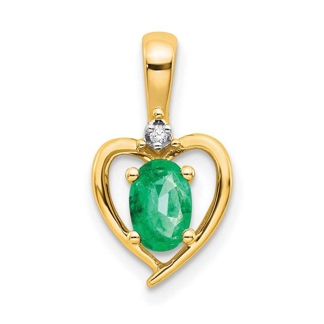 10k Yellow Gold Heart Pendant with Oval Green Emerald and Diamond Accent