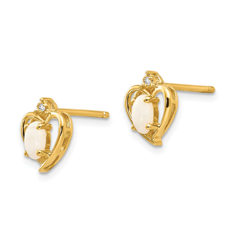 10k Yellow Gold Heart Stud Earrings with Oval Opal and Diamond Accent, Romantic Jewelry for Women