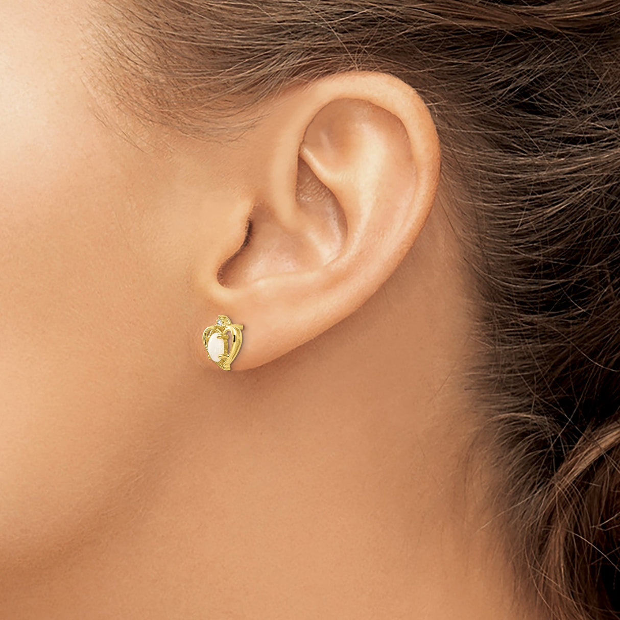 10k Yellow Gold Heart Stud Earrings with Oval Opal and Diamond Accent, Romantic Jewelry for Women