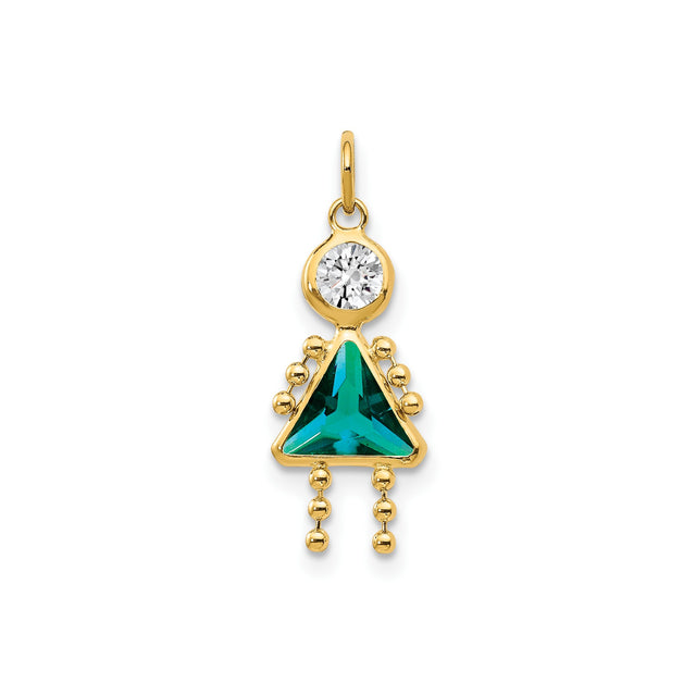 10k Yellow Gold Girl Pendant with Green Synthetic Birthstone, Triangle Figure Design