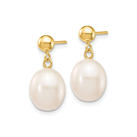 10k Yellow Gold Drop Earrings with White Freshwater Pearls, Dangle Post Design