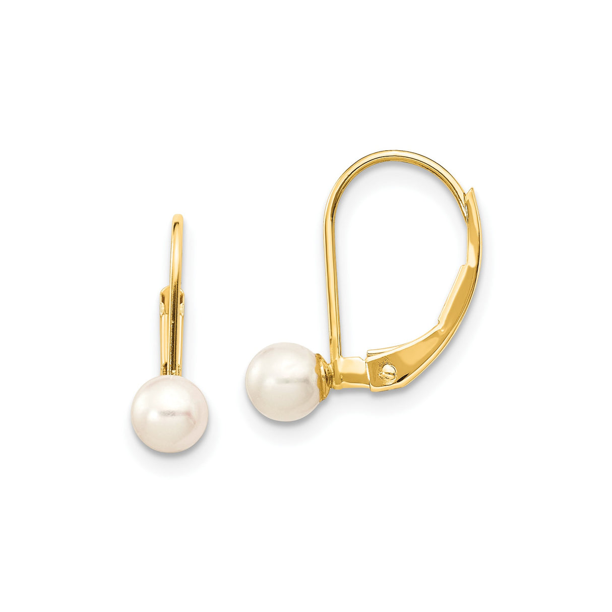 10k Yellow Gold Drop Earrings with Round White Freshwater Cultured Pearls, Classic Leverback Design