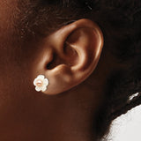 10k Yellow Gold Stud Earrings with Pink Pearl and Carved Mother of Pearl Flowers