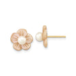 10k Yellow Gold Stud Earrings with Pink Mother of Pearl Flowers and White Pearls, Floral Design