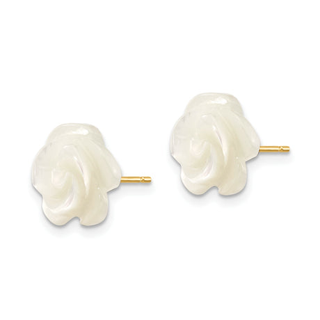 10k Yellow Gold Stud Earrings with Carved Mother of Pearl Rose Design, Floral Style for Women