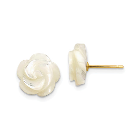 10k Yellow Gold Stud Earrings with Carved Mother of Pearl Rose Design, Floral Style for Women