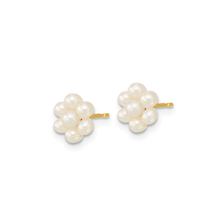 10k Yellow Gold Pearl Stud Earrings, Floral Cluster Design for Women
