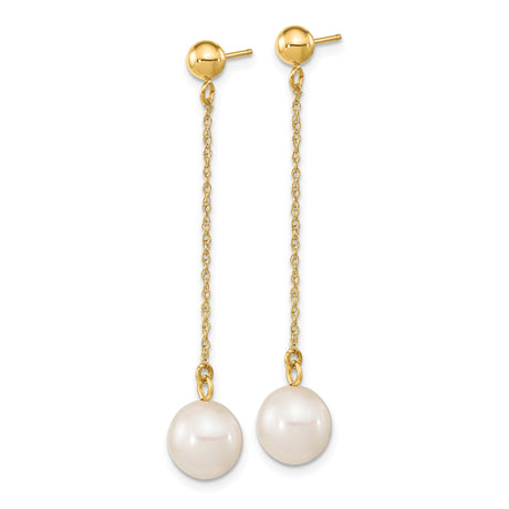 10k Yellow Gold Drop Earrings with White Freshwater Pearls, Delicate Chain Dangles