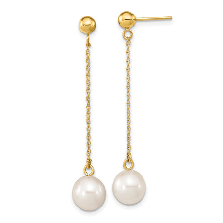 10k Yellow Gold Drop Earrings with White Freshwater Pearls, Delicate Chain Dangles