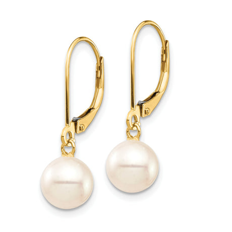 10k Yellow Gold Dangle Leverback Earrings with White Freshwater Cultured Pearls, Classic Drop Design