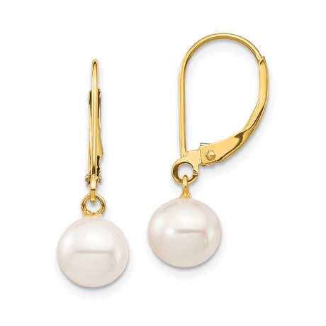 10k Yellow Gold Dangle Leverback Earrings with White Freshwater Cultured Pearls, Classic Drop Design