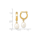 10k Yellow Gold Hoop Drop Earrings with White Freshwater Pearls, Classic Dangle Style for Women