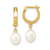 10k Yellow Gold Hoop Drop Earrings with White Freshwater Pearls, Classic Dangle Style for Women
