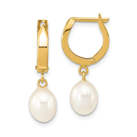 10k Yellow Gold Hoop Drop Earrings with White Freshwater Pearls, Classic Dangle Style for Women