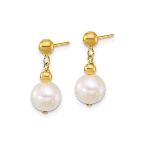10k Yellow Gold Dangle Earrings with White Freshwater Cultured Pearls, Classic Drop Design