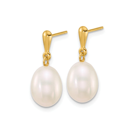 10k Yellow Gold Dangle Earrings with Oval White Freshwater Cultured Pearls, Drop Design