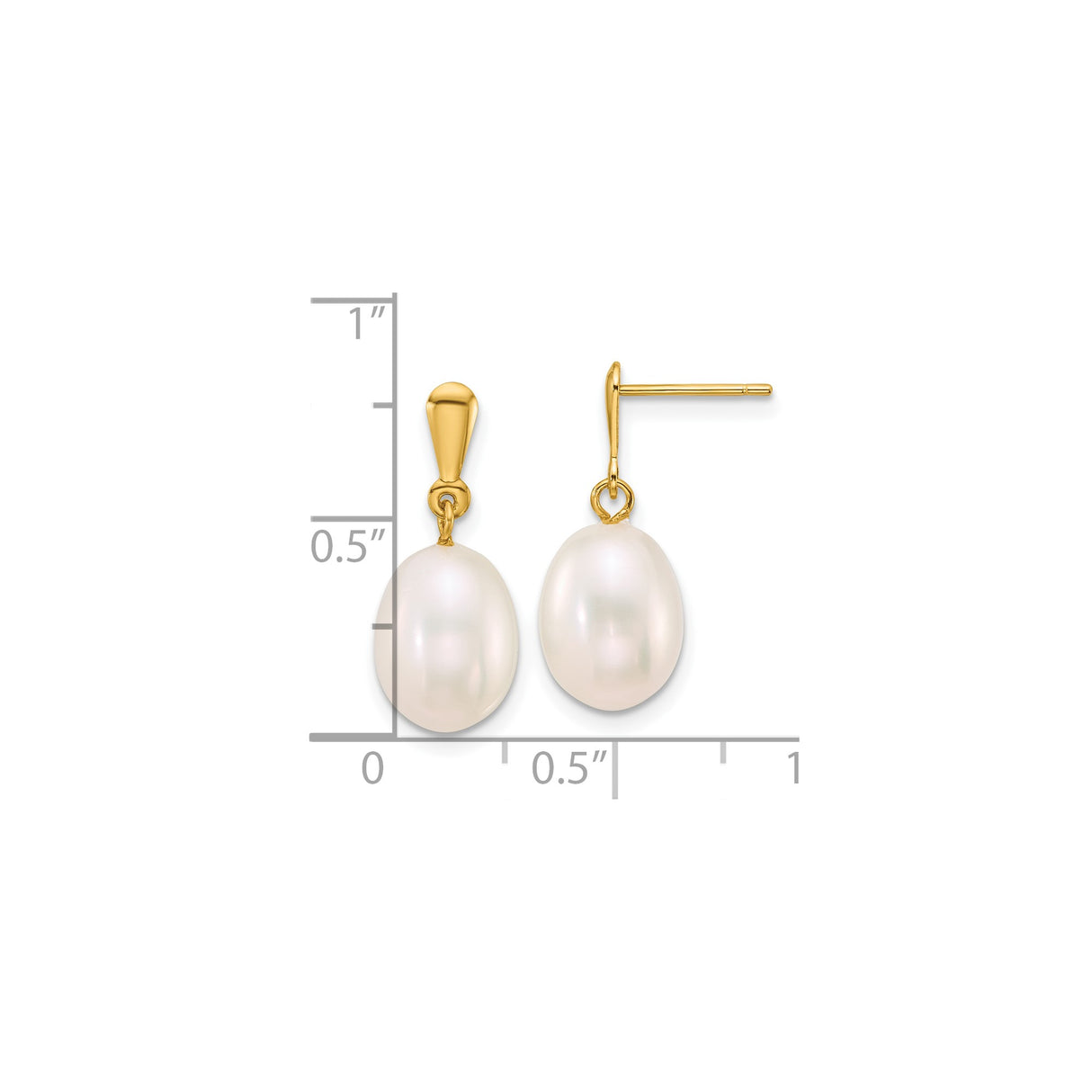10k Yellow Gold Dangle Earrings with Oval White Freshwater Cultured Pearls, Drop Design