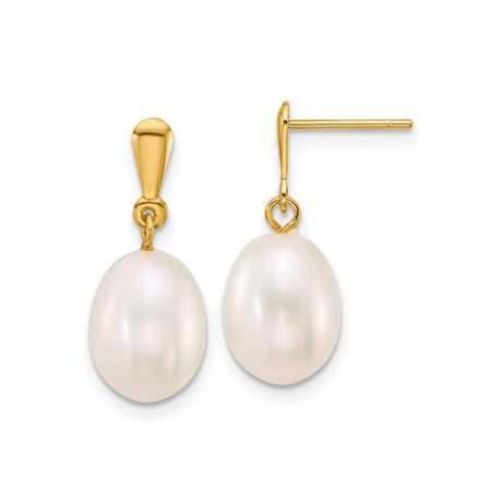 10k Yellow Gold Dangle Earrings with Oval White Freshwater Cultured Pearls, Drop Design
