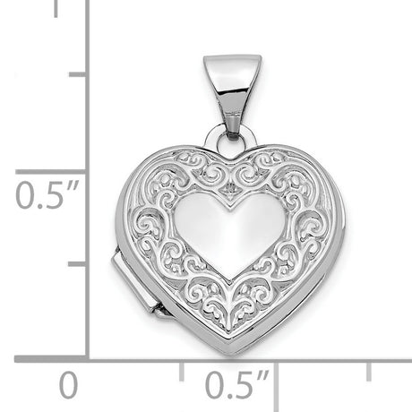 10k White Gold Heart Locket Pendant with Filigree Scrollwork and Smooth Center Heart