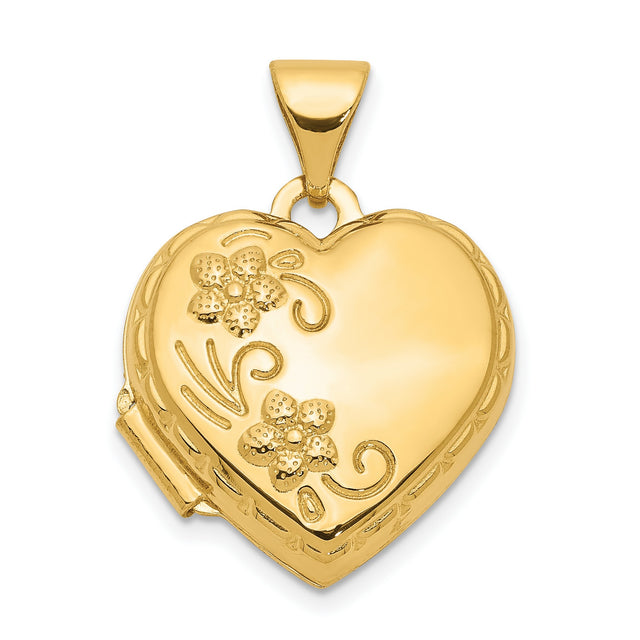 10k Yellow Gold Heart Locket Pendant with Floral Engraving and Scrollwork Design