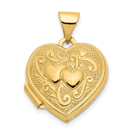 10k Yellow Gold Heart Locket Pendant with Raised Double Hearts and Scrollwork Design
