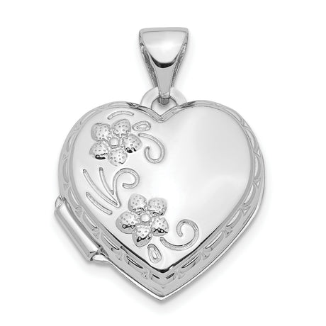 10k White Gold Heart Locket Pendant with Floral Scrollwork Design for Women
