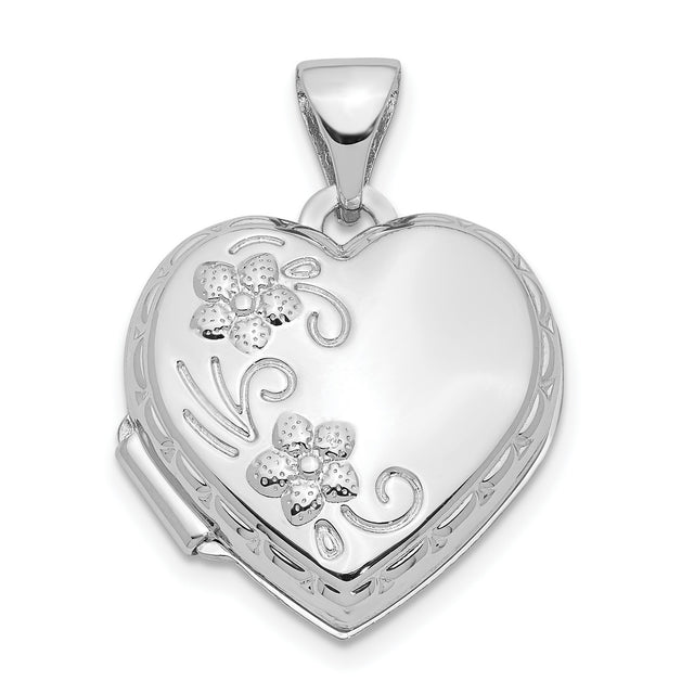 10k White Gold Heart Locket Pendant with Floral Scrollwork Design for Women