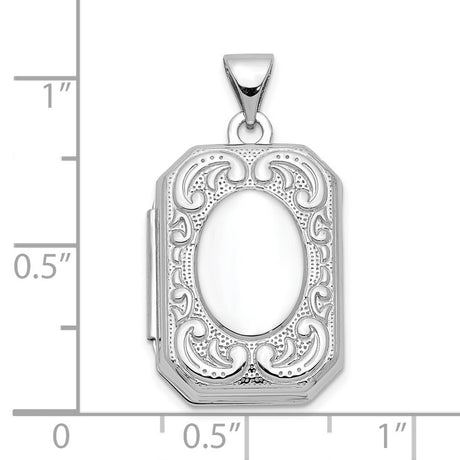 10k White Gold Rectangular Locket Pendant with Scrollwork and Oval Center Design