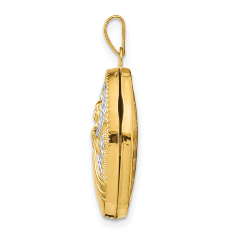 10k Multi-Tone Gold Oval Angel Locket Pendant with Rhodium Accents, Guardian Halo Design