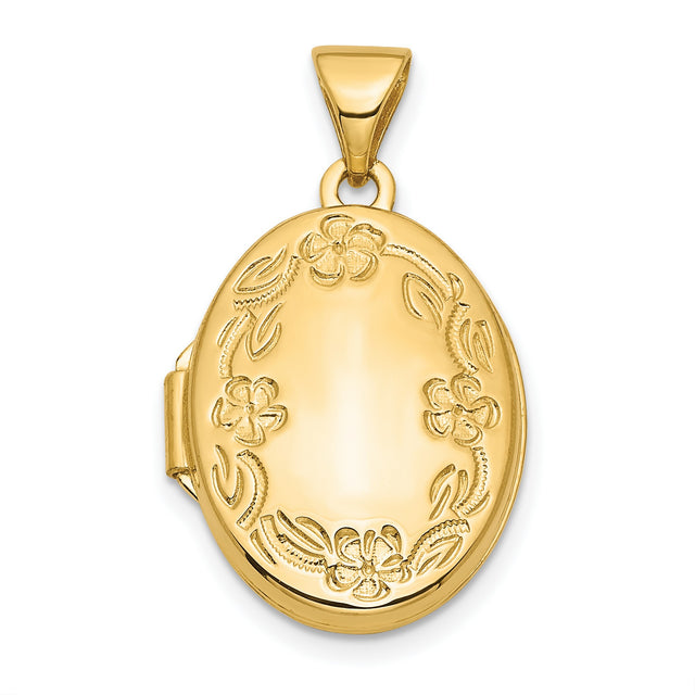 10k Yellow Gold Locket Pendant, Oval Floral Design Keepsake for Women