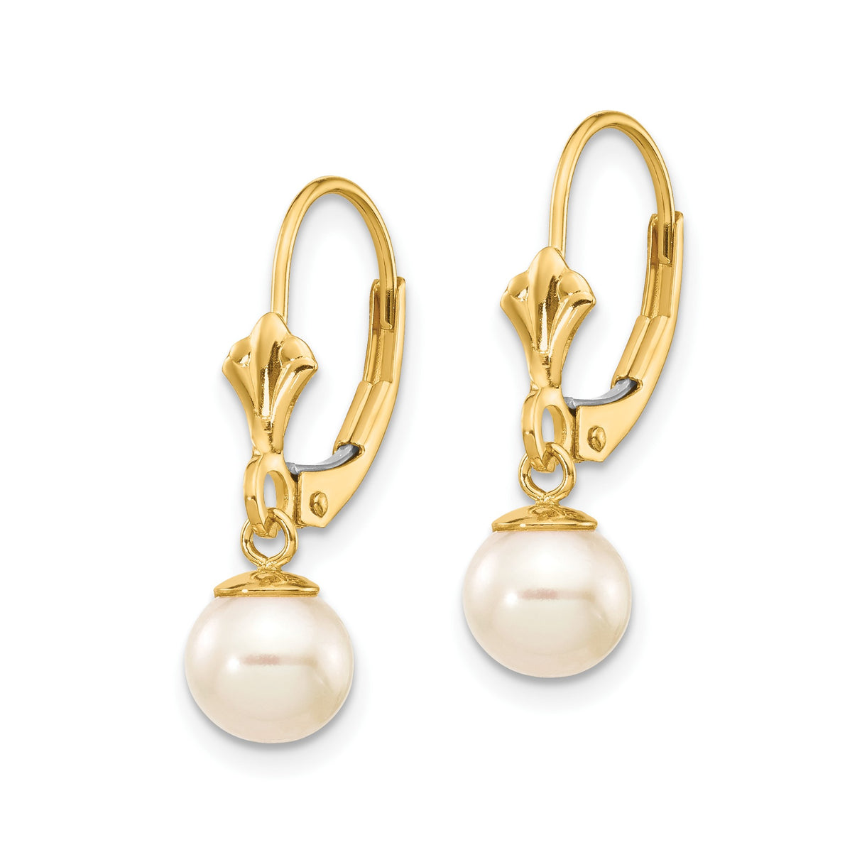 10k Yellow Gold Leverback Earrings with White Cultured Pearls, Dangle Drop Design