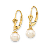 10k Yellow Gold Leverback Earrings with White Cultured Pearls, Dangle Drop Design