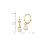 10k Yellow Gold Leverback Earrings with White Cultured Pearls, Dangle Drop Design