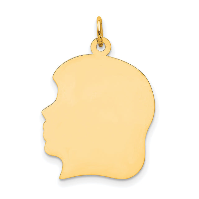 Plain Large .013 Gauge Facing Left Engravable Girl Head Charm Pendant in Real 10k Yellow Gold