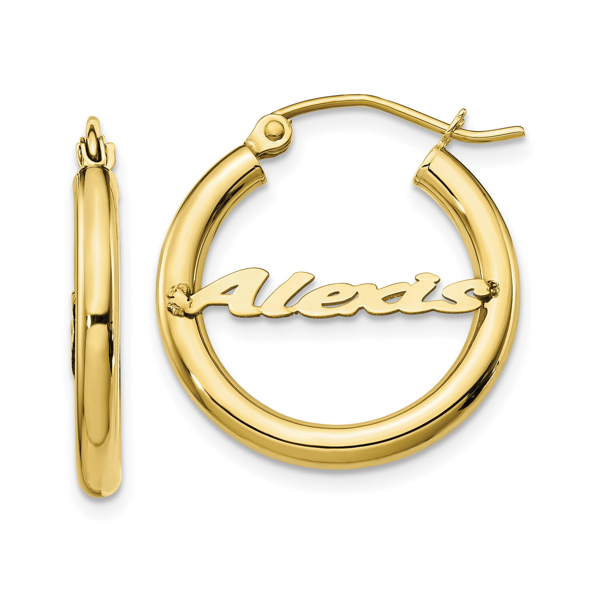 10k Yellow Gold Hoop Earrings with Personalized Script Name Alexis, Urban Fashion Jewelry