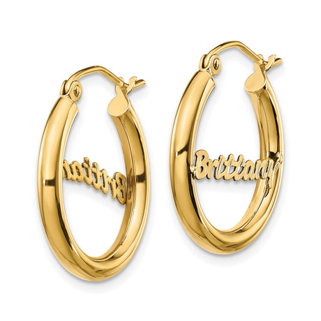 10k Yellow Gold Nameplate Hoop Earrings, Script Font Brittany, Personalized Statement Jewelry
