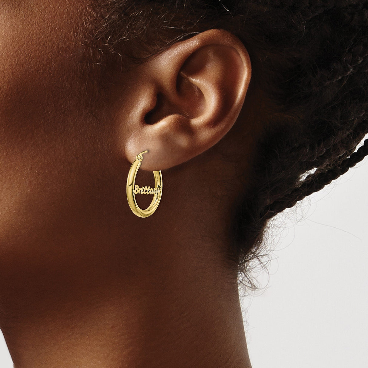 10k Yellow Gold Nameplate Hoop Earrings, Script Font Brittany, Personalized Statement Jewelry
