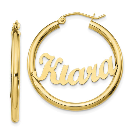 10k Yellow Gold Hoop Earrings with Custom Nameplate, Kiara Script Font