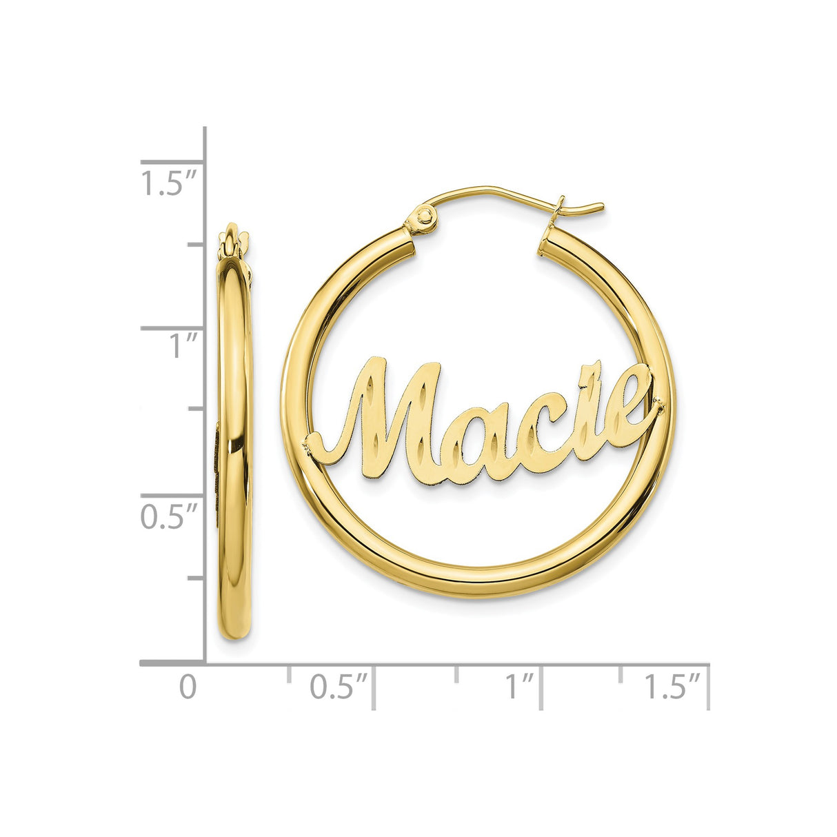 10k Yellow Gold Hoop Earrings with Custom Cursive Nameplate Macie Script Design