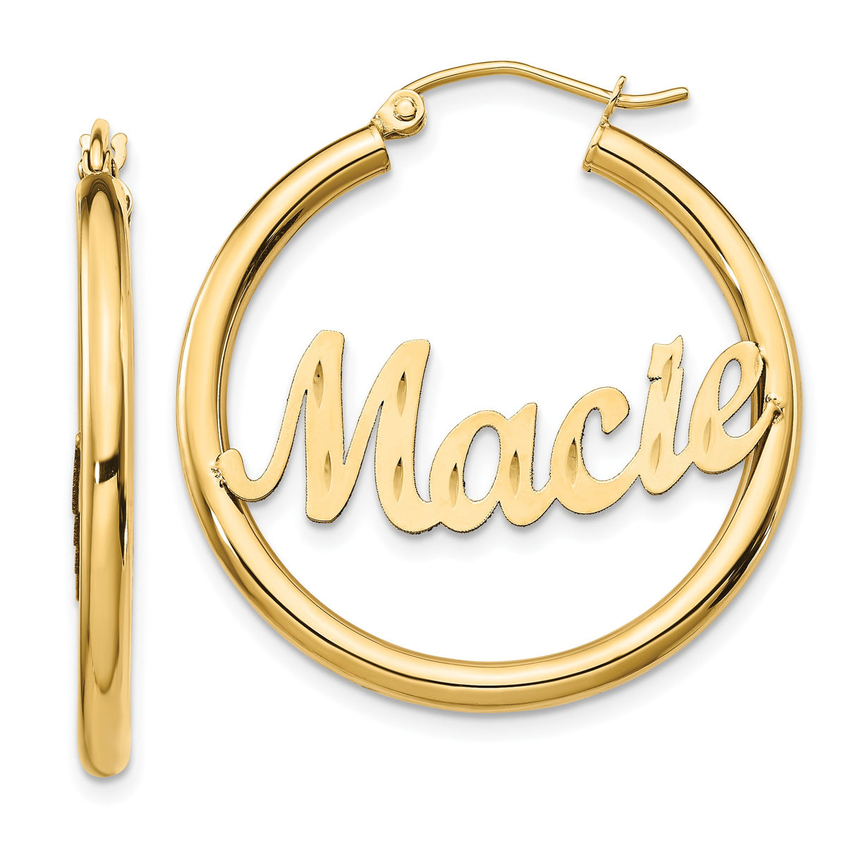 10k Yellow Gold Hoop Earrings with Custom Cursive Nameplate Macie Script Design