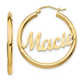 10k Yellow Gold Hoop Earrings with Custom Cursive Nameplate Macie Script Design
