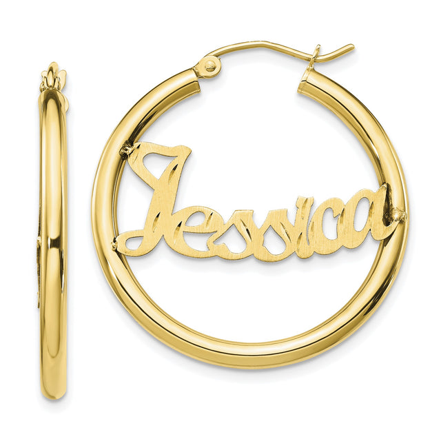 10k Yellow Gold Hoop Earrings with Custom Name Jessica, Personalized Script Font Jewelry