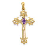 10k Yellow Gold Cross Pendant with Amethyst and Vintage Filigree Scrollwork Design