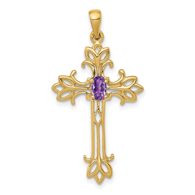 10k Yellow Gold Cross Pendant with Amethyst and Vintage Filigree Scrollwork Design