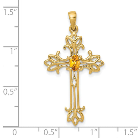 10k Yellow Gold Cross Pendant with Oval Citrine, Filigree Design, Unisex Religious Jewelry