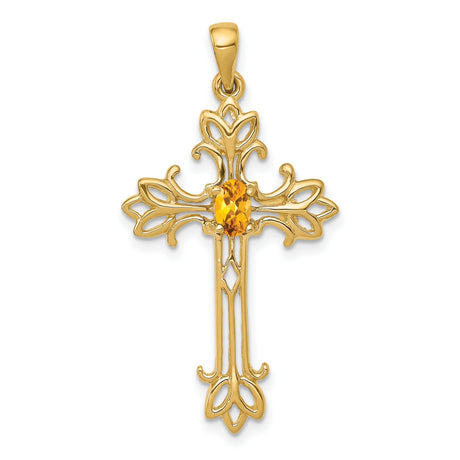 10k Yellow Gold Cross Pendant with Oval Citrine, Filigree Design, Unisex Religious Jewelry