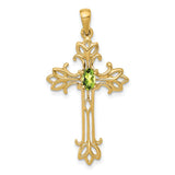 10k Yellow Gold Cross Pendant with Oval Peridot, Vintage Floral Filigree Design