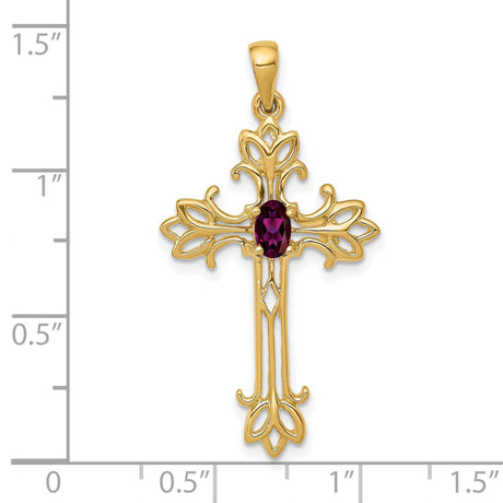10k Yellow Gold Cross Pendant with Rhodolite Garnet, Scrollwork Vintage Faith Design